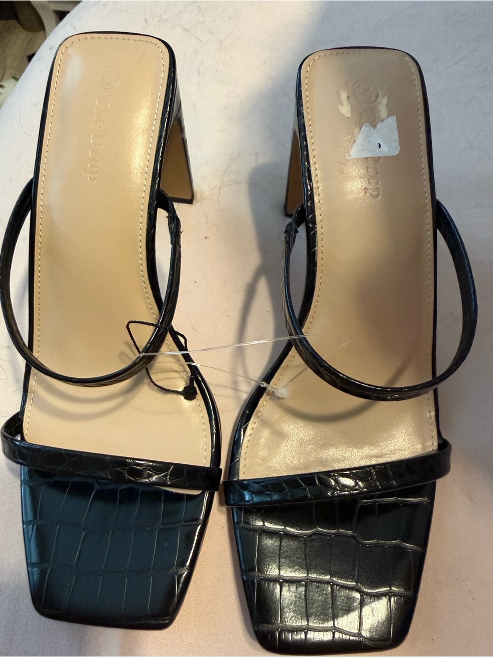 & Other Stories Black Croc-Embossed Square Toe Heeled Sandals